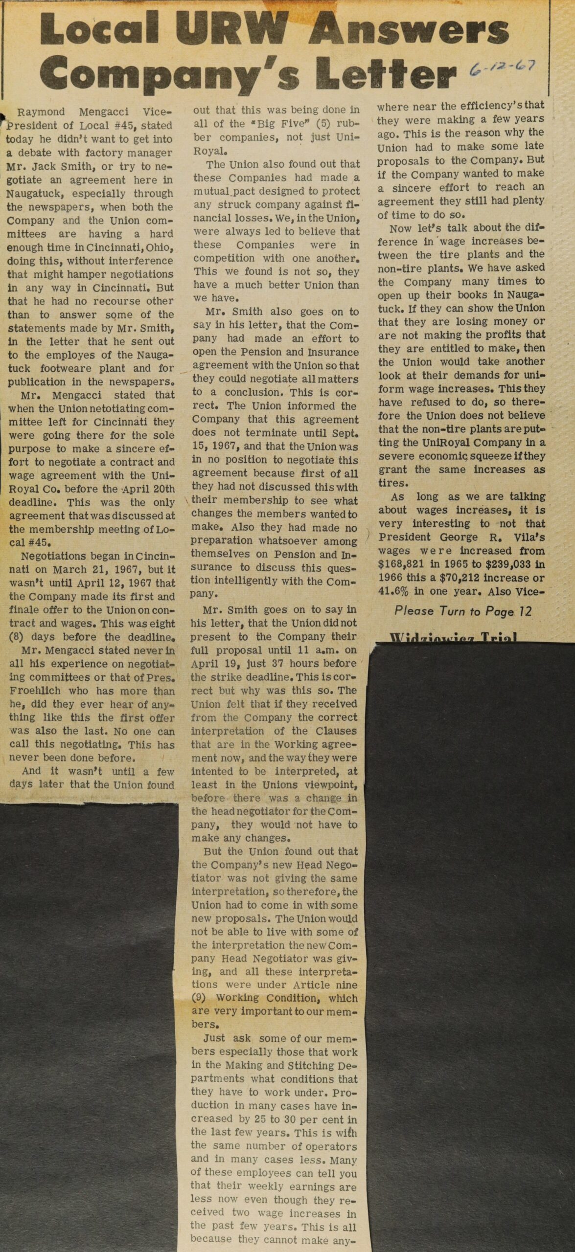 Local URW Answers Company's Letter