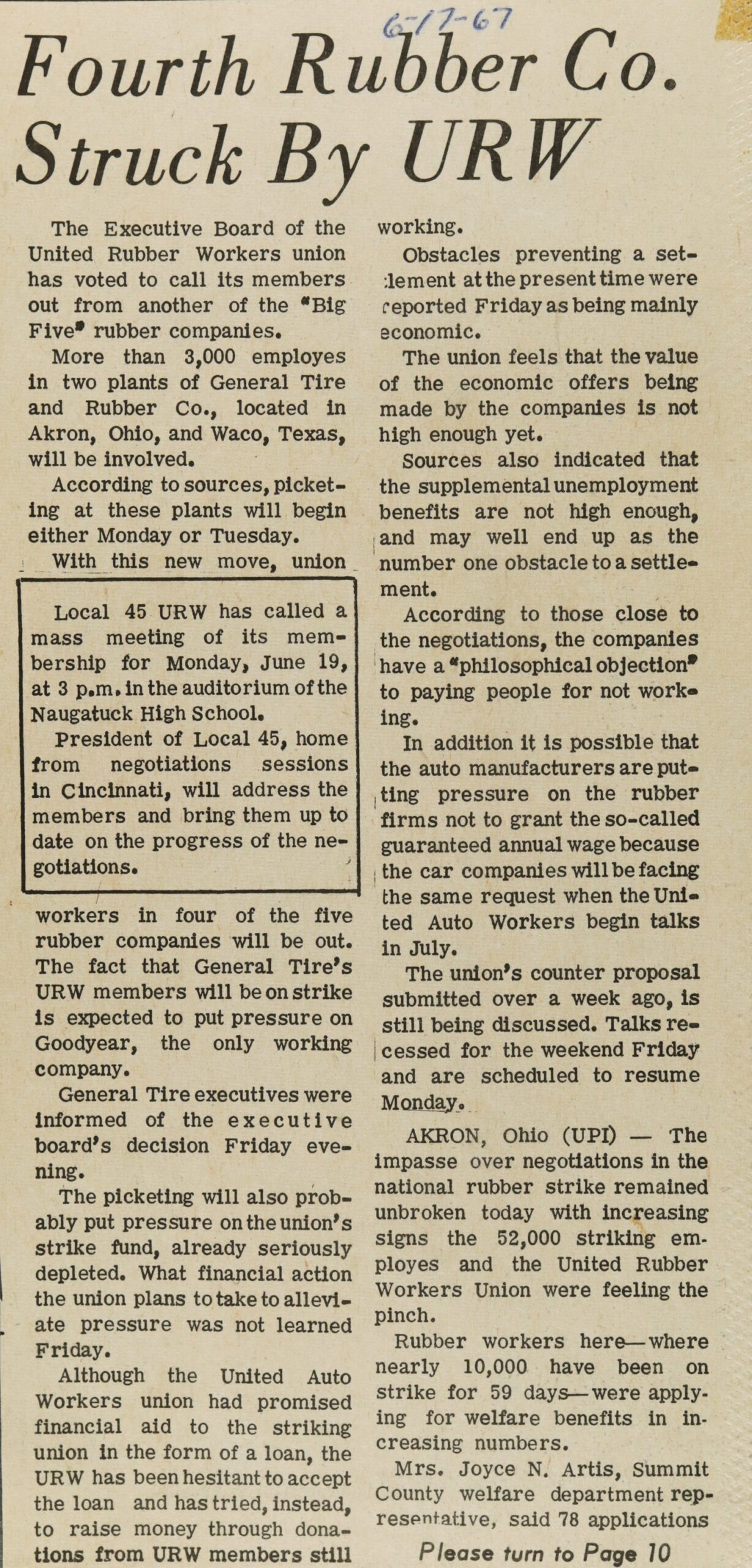 Fourth Rubber Co. Struck By URW