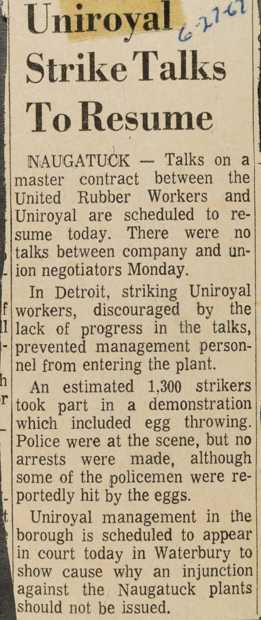 Uniroyal Strike Talks To Resume