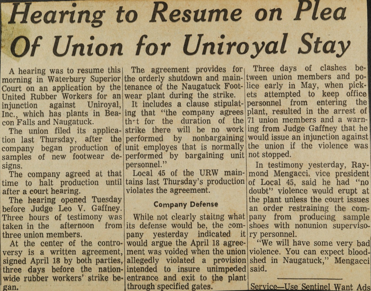 Hearing to Resume on Plea Of Union for Uniroyal Stay