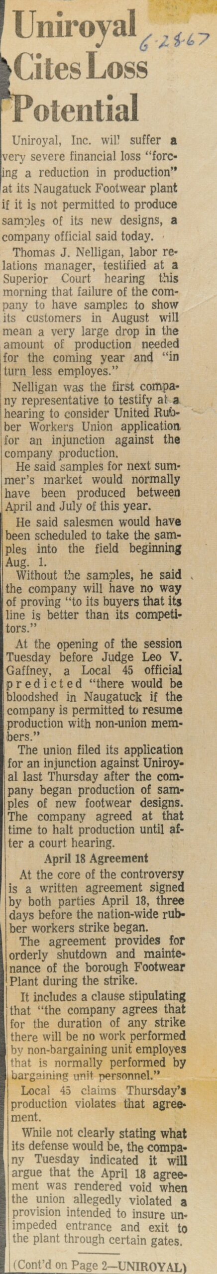 Uniroyal Cites Loss Potential