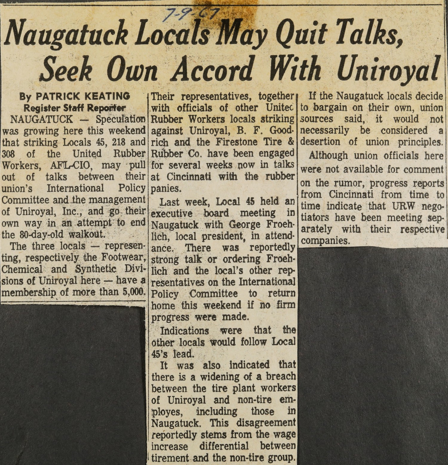Naugatuck Locals May Quit Talks, Seek Own Accord With Uniroyal