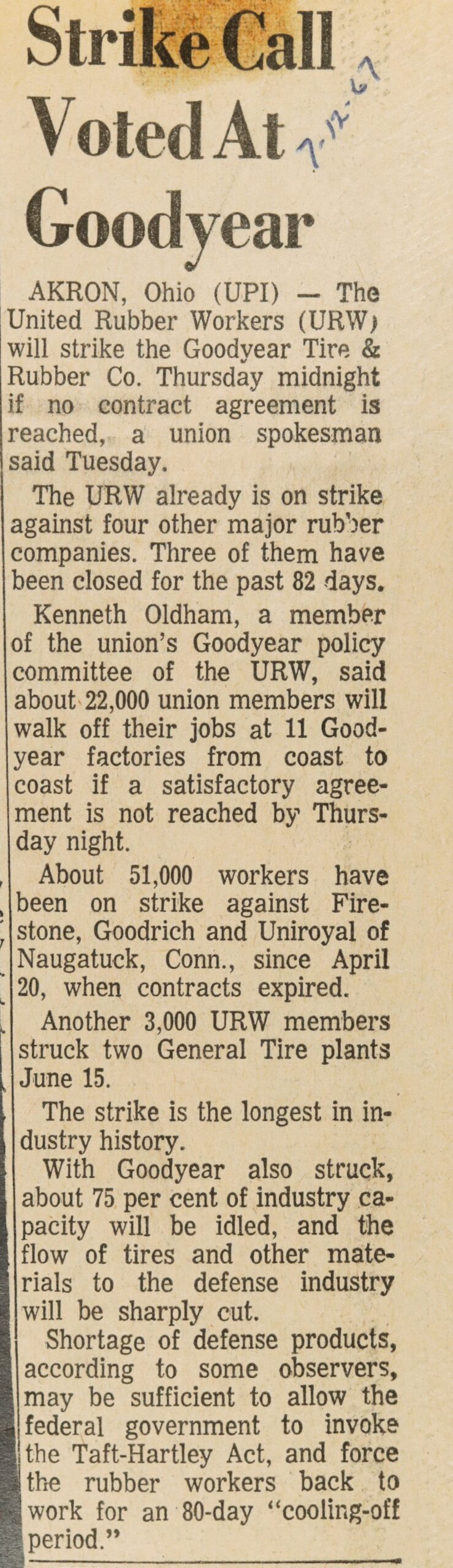 Strike Call Voted At Goodyear