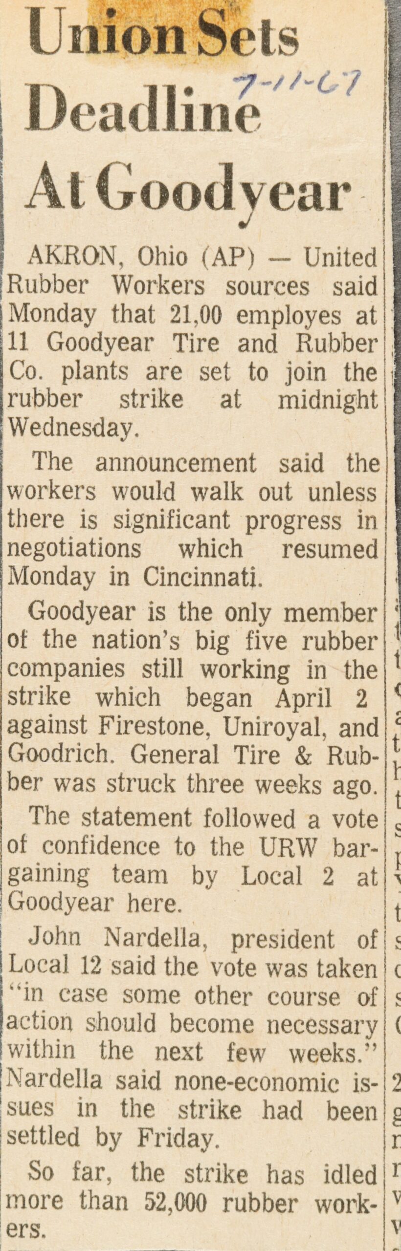 Union Sets Deadline At Goodyear