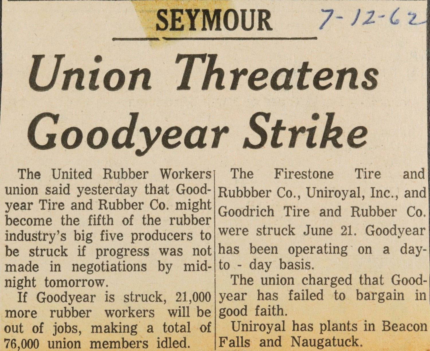 Union Threatens Goodyear Strike