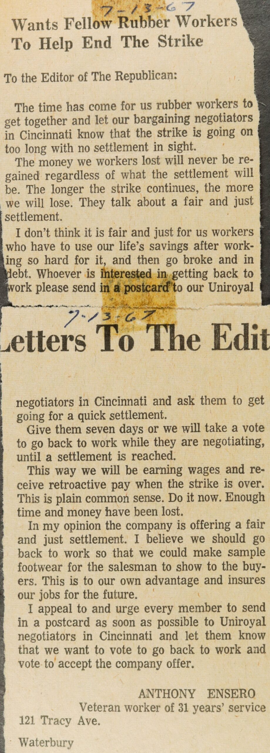 Wants Fellow Rubber Workers To Help End The Strike