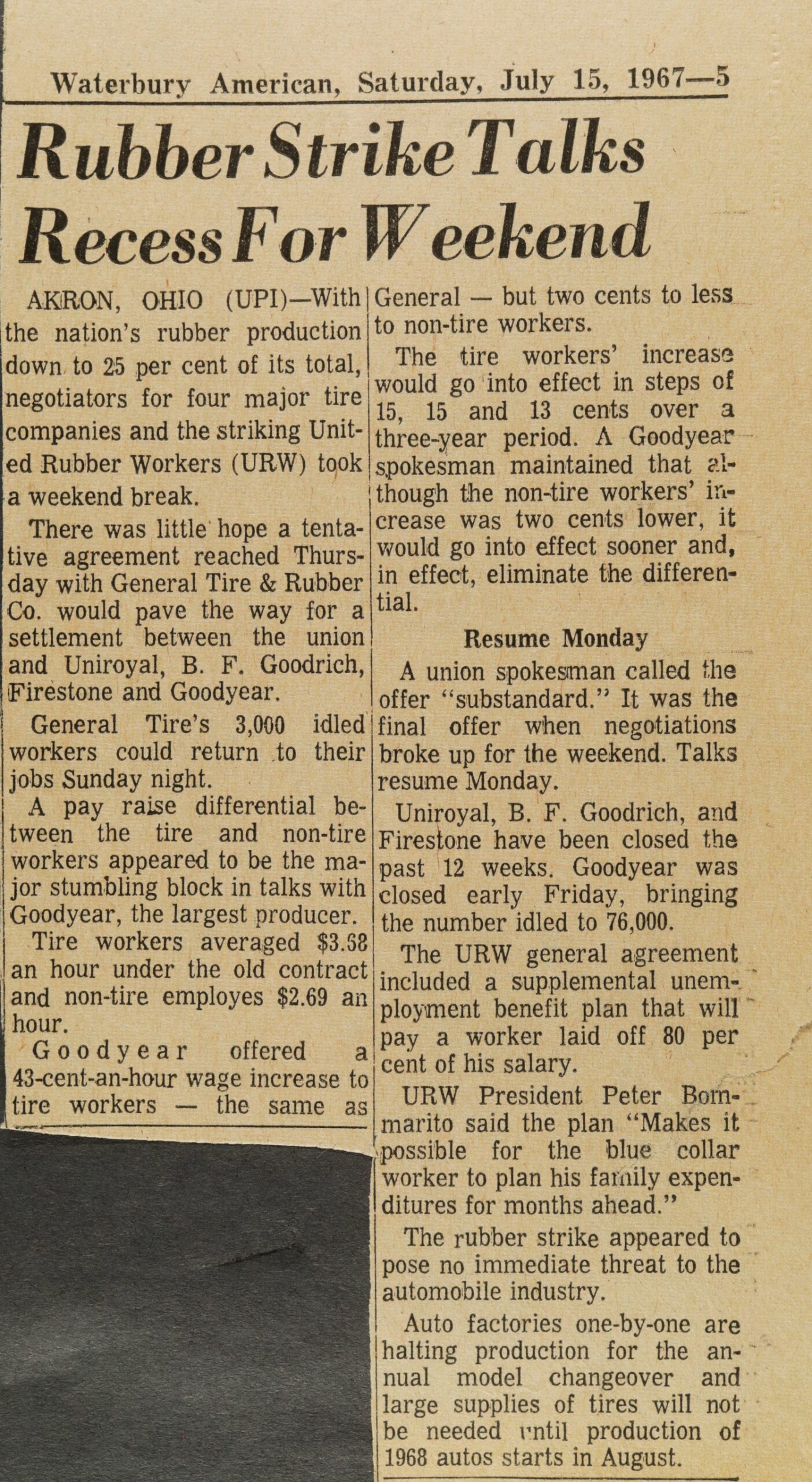 Rubber Strike Talks Recess For Weekend