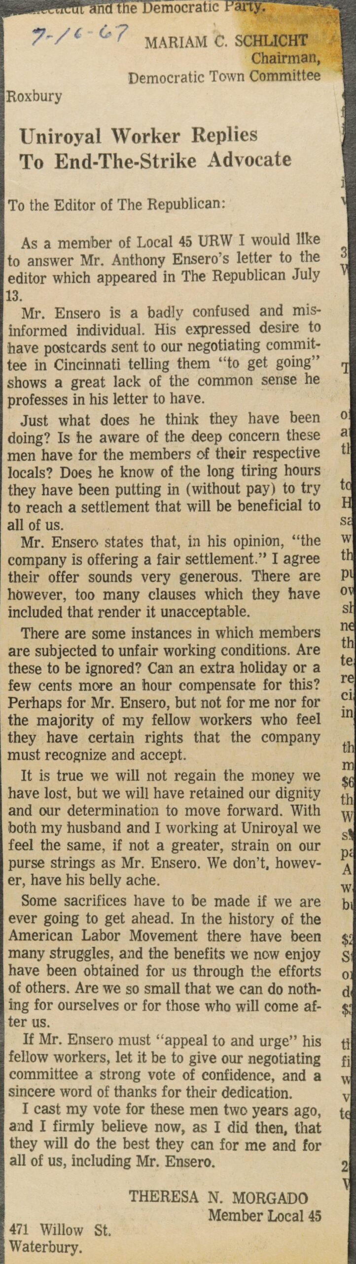 Uniroyal Worker Replies To End-The-Strike Advocate