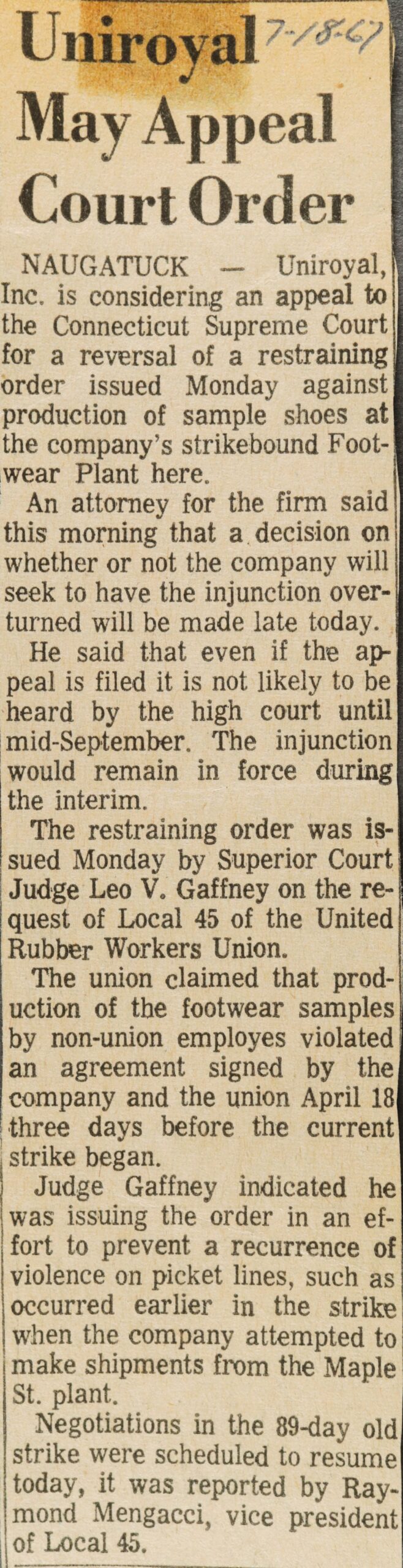 Uniroyal May Appeal Court Order