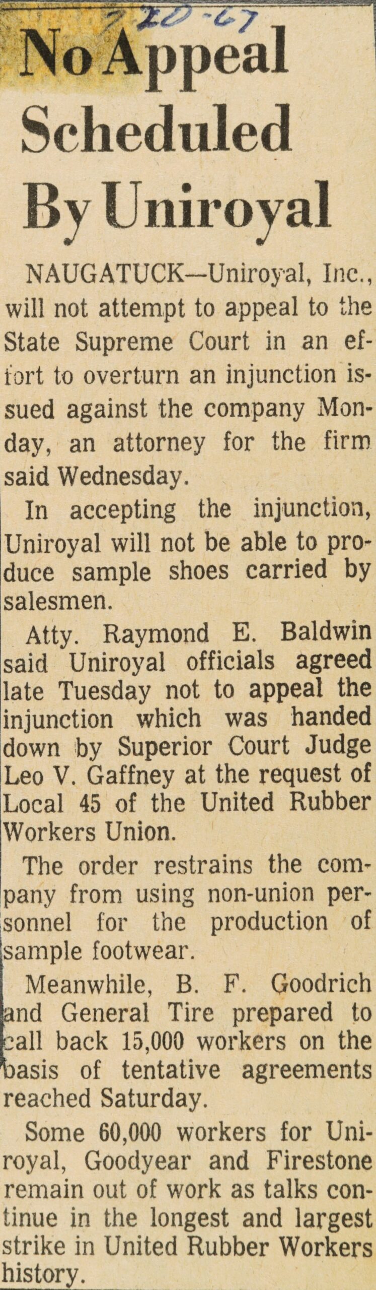 No Appeal Scheduled By Uniroyal