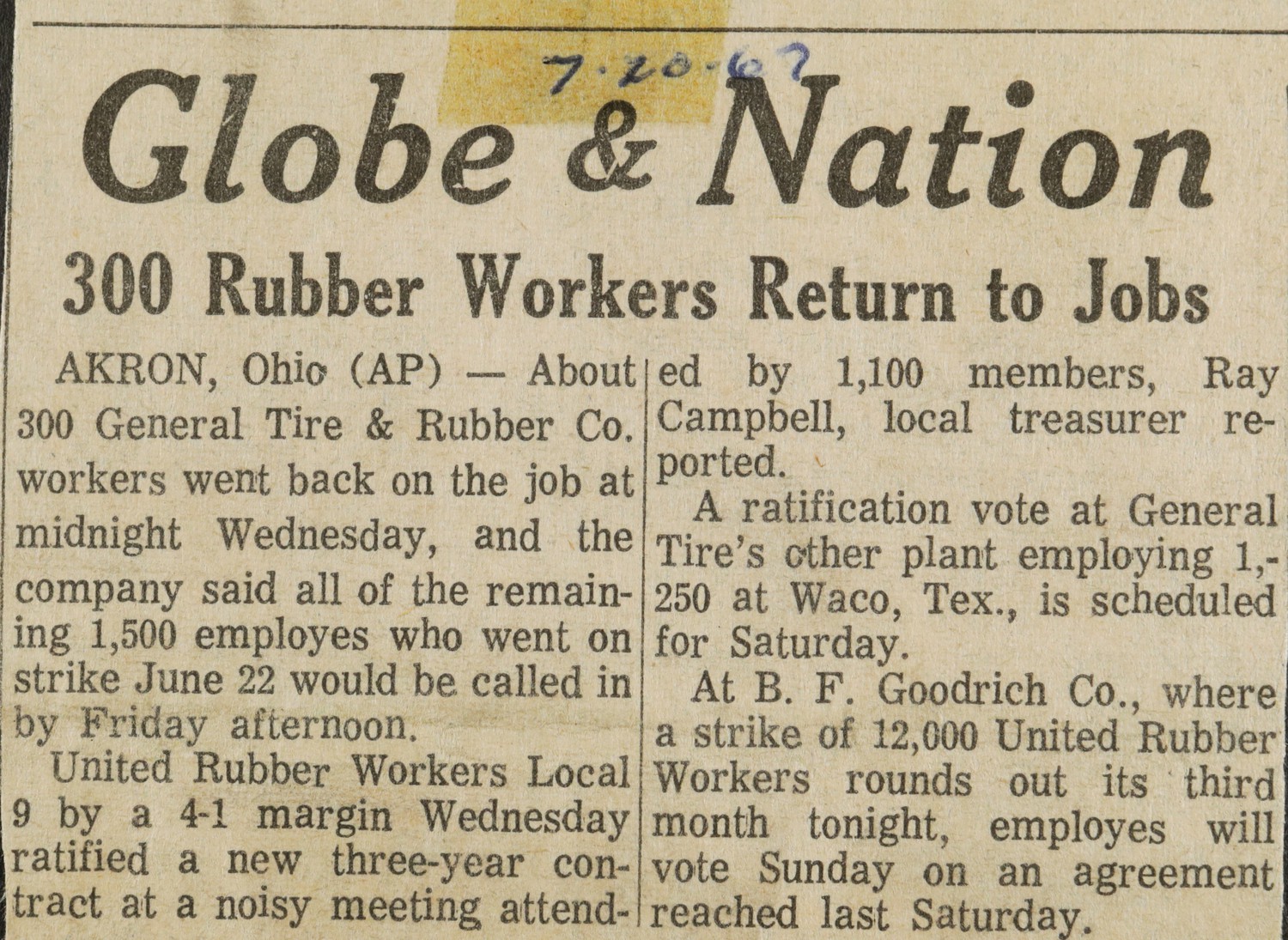 300 Rubber Workers Return to Jobs