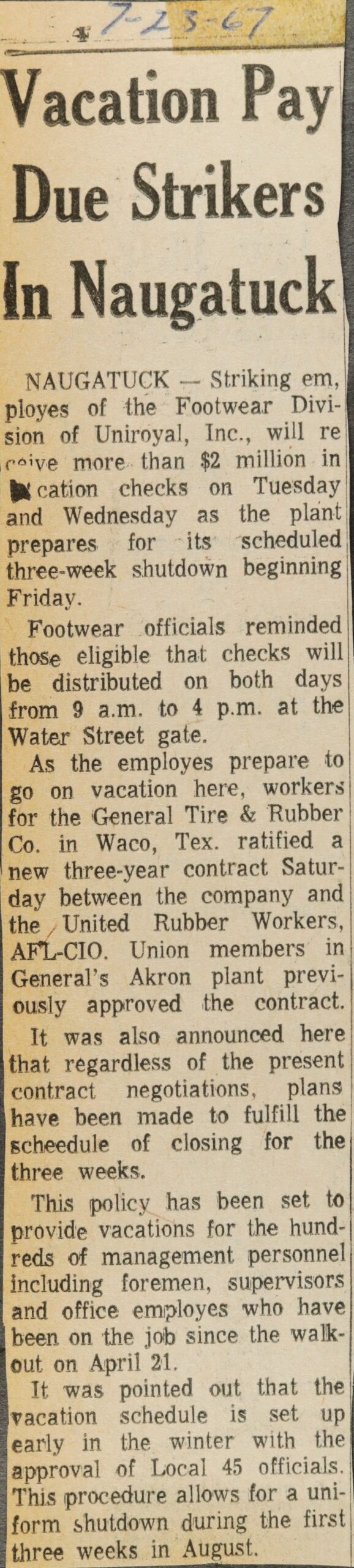 Vacation Pay Due Strikers In Naugatuck