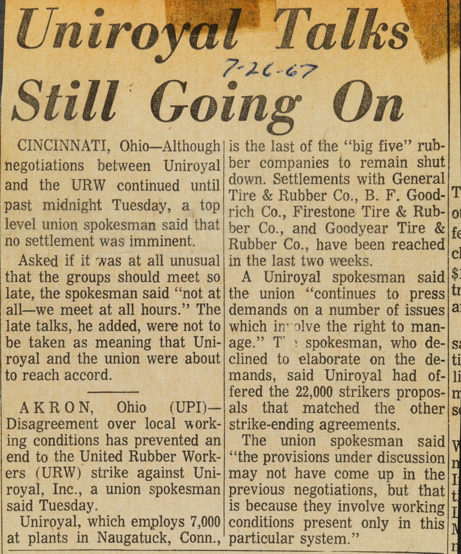 Uniroyal Talks Still Going On