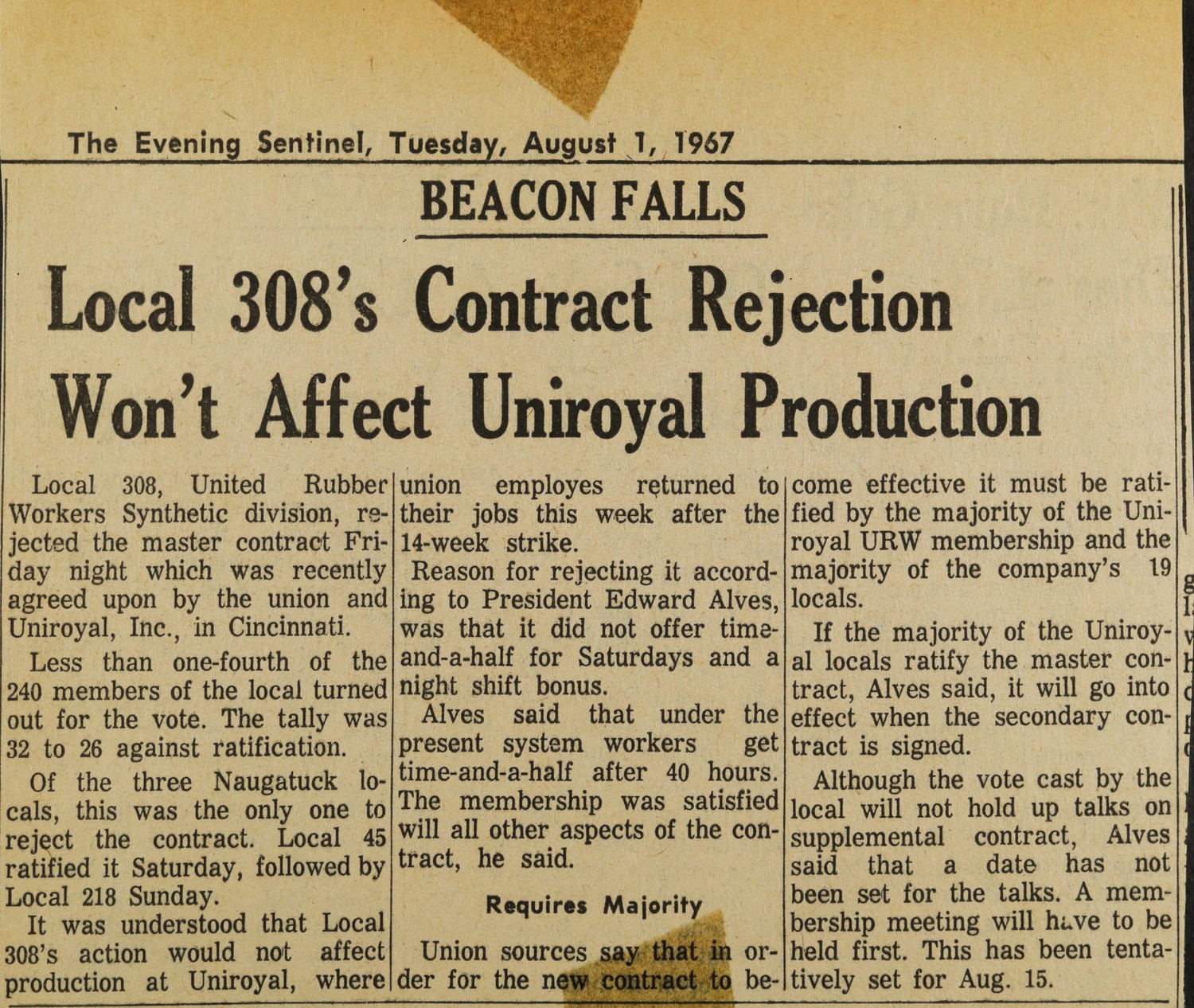 Local 308's Contract Rejection Won't Affect Uniroyal Production