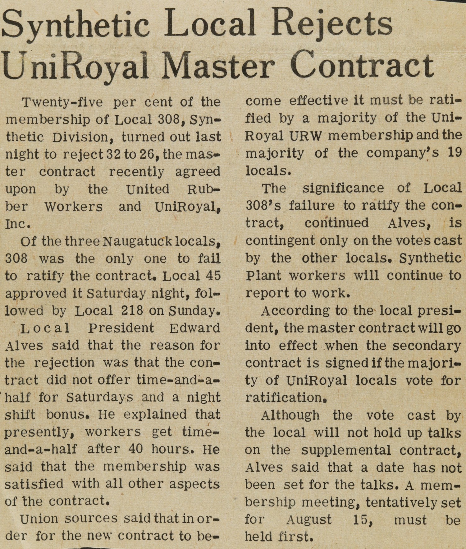 Synthetic Local Rejects UniRoyal Master Contract