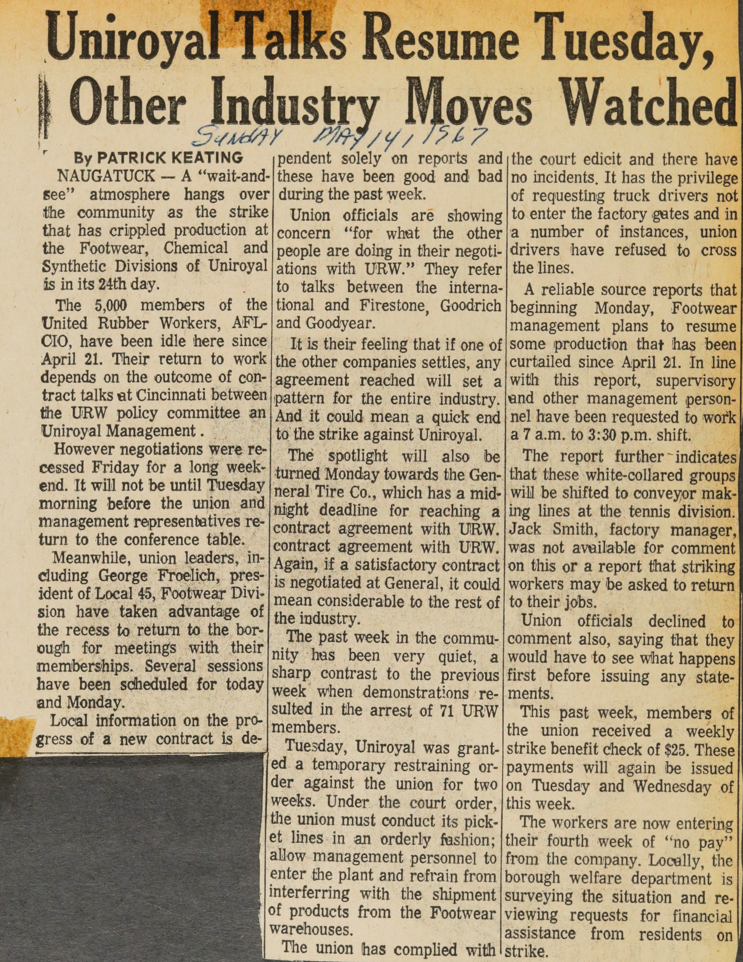 Uniroyal Talks Resume Tuesday, Other Industry Moves Watched