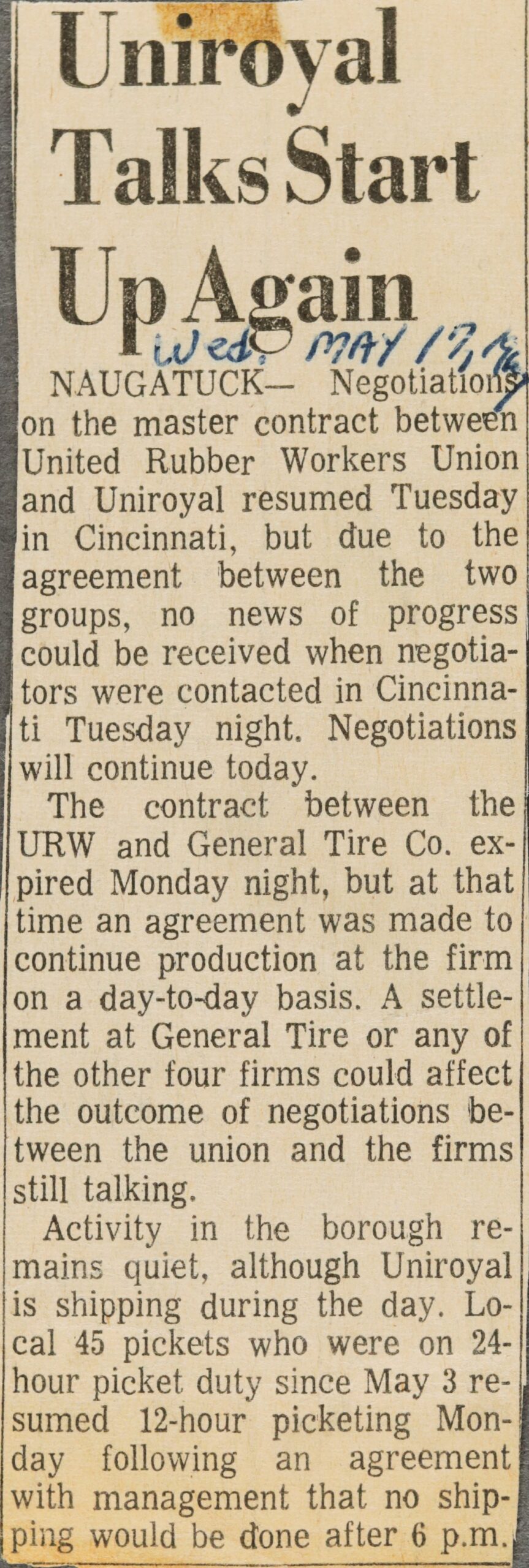 Uniroyal Talks Start Up Again