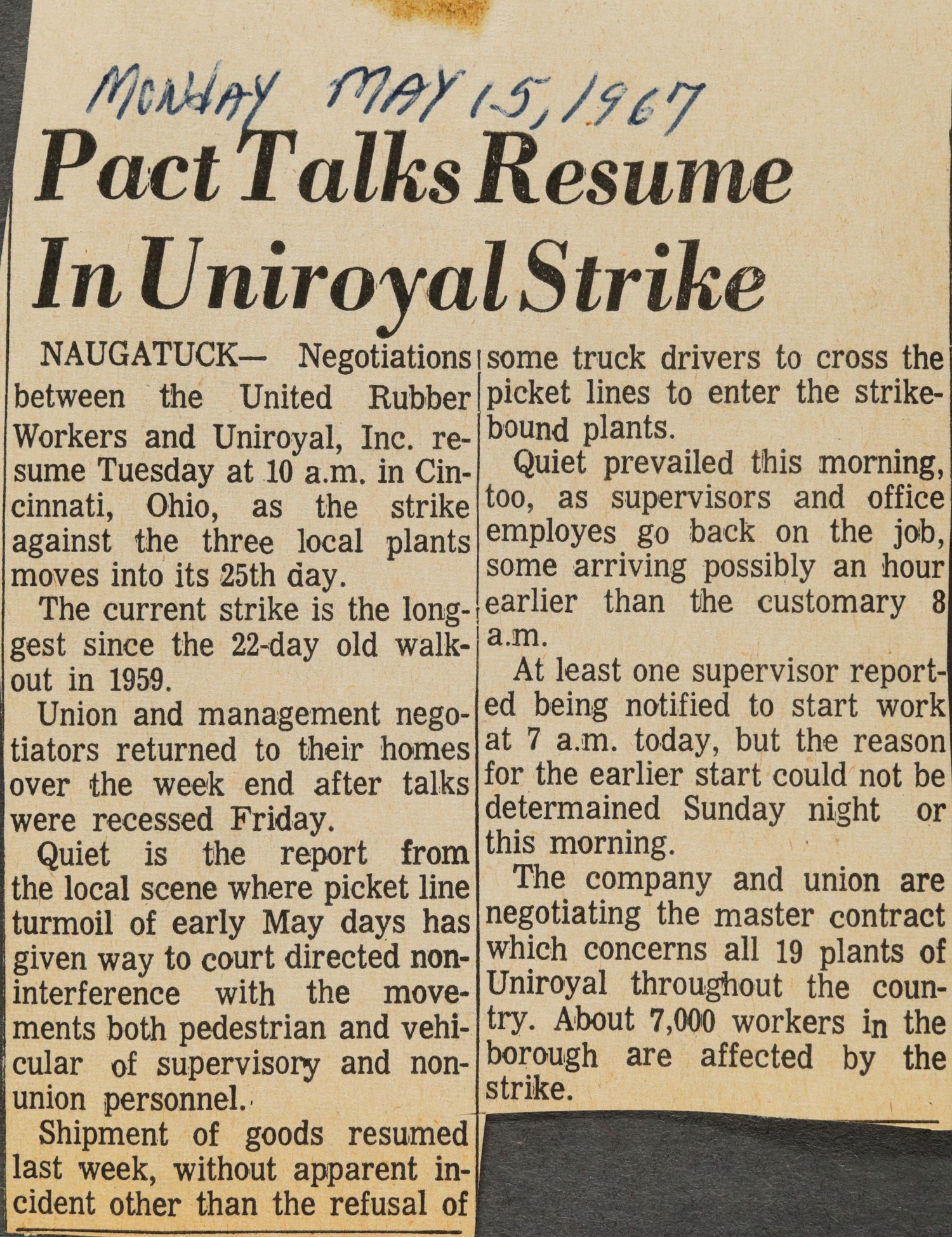 Pact Talks Resume In Uniroyal Strike