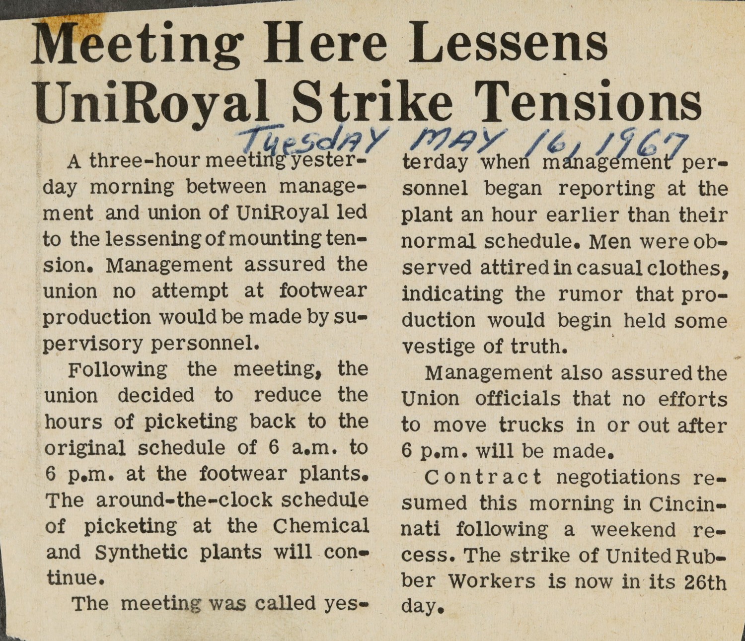 Meeting Here Lessens UniRoyal Strike Tensions