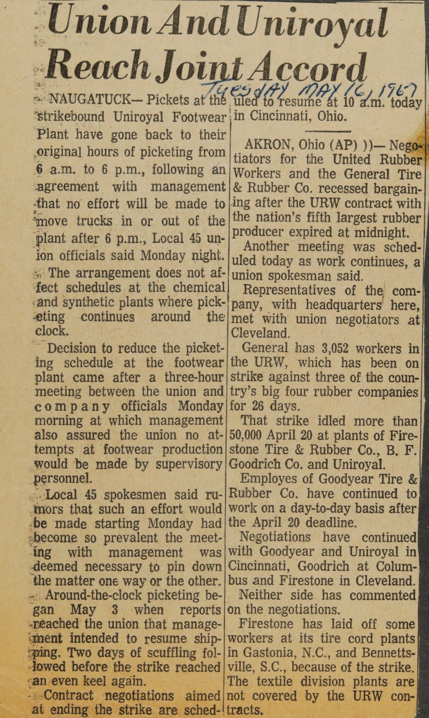 Union And Uniroyal Reach Joint Accord