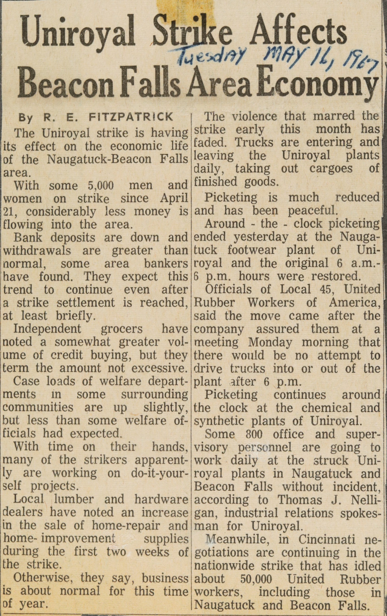 Uniroyal Strike Affects Beacon Falls Area Economy