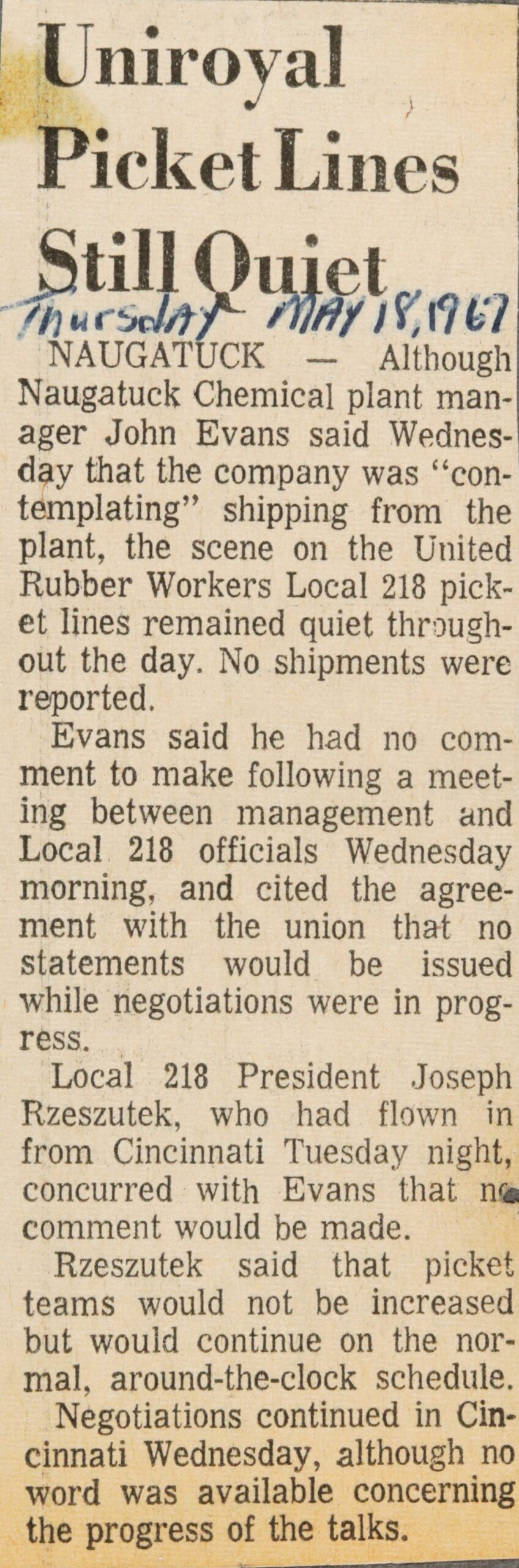 Uniroyal Picket Lines Still Quiet