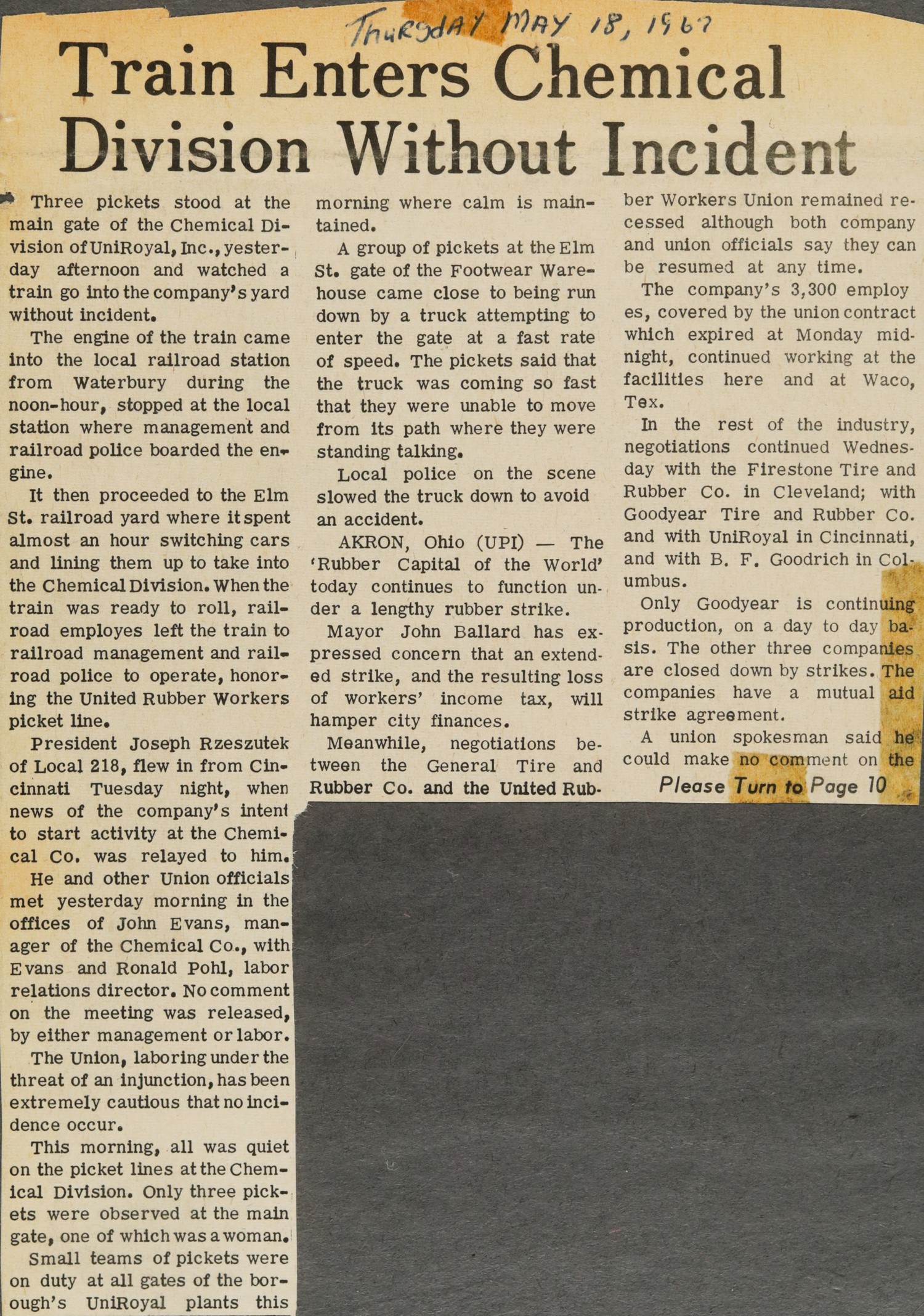 Train Enters Chemical Division Without Incident