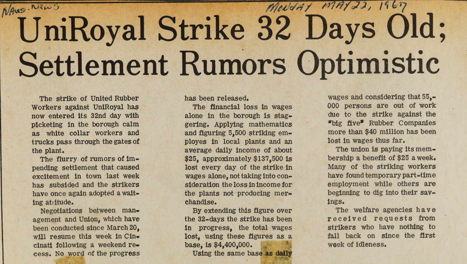 UniRoyal Strike 32 Days Old; Settlement Rumors Optimistic