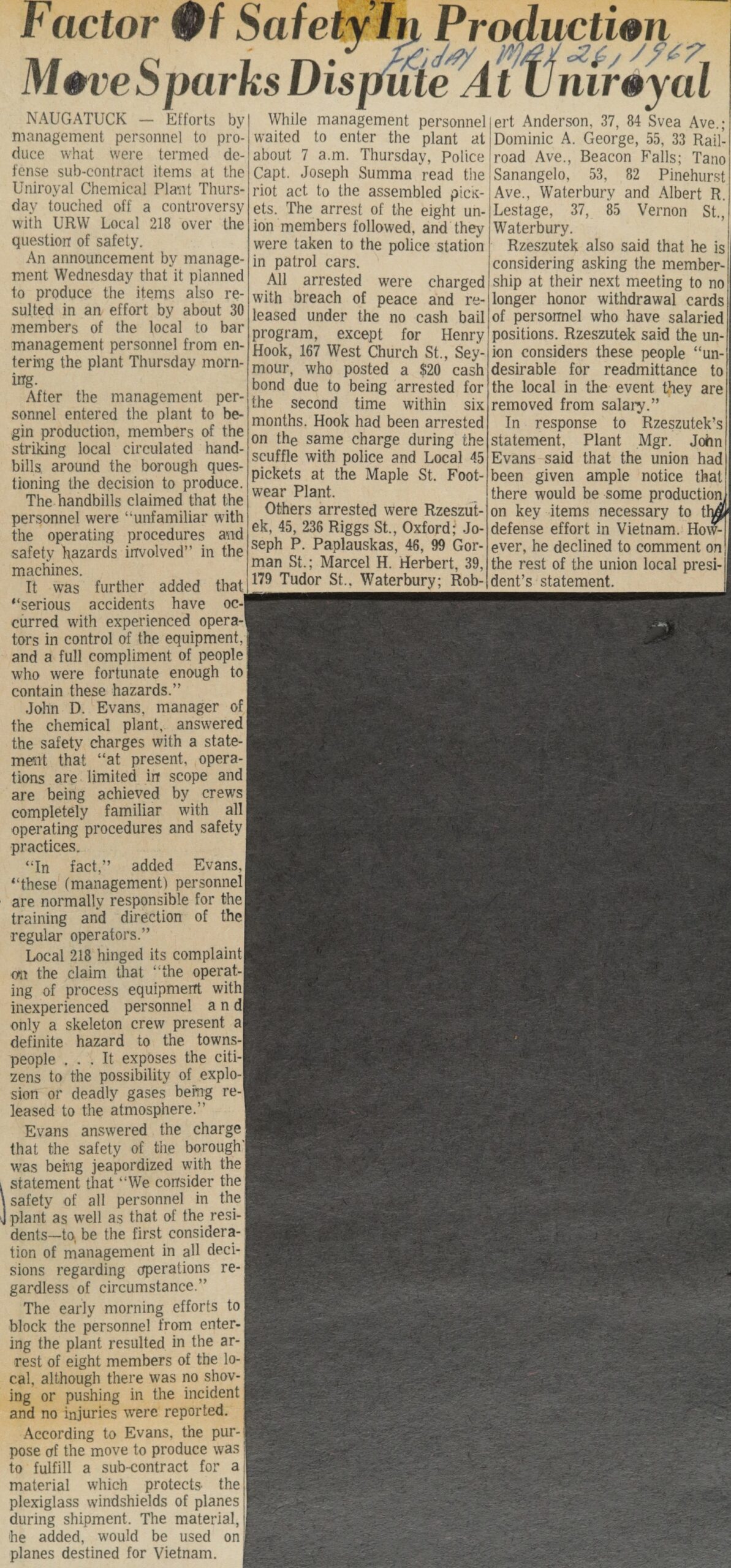 Factor of Safety In Production Move Sparks Dispute At Uniroyal