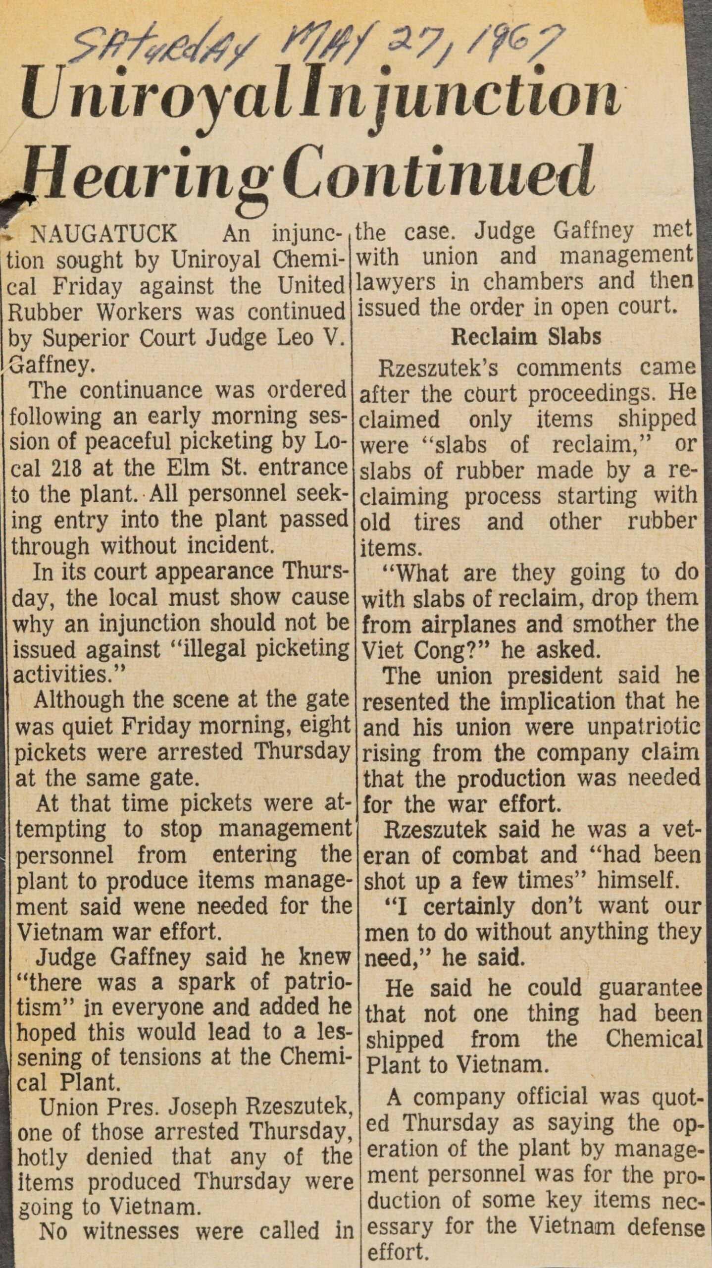 Uniroyal Injunction Hearing Continued