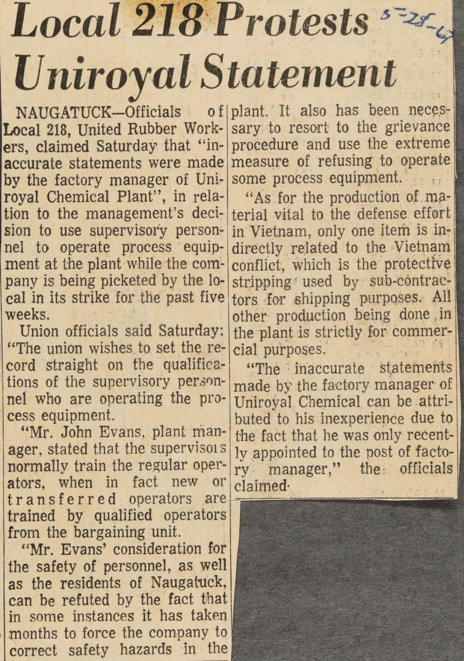 Local 218 Protests Uniroyal Statement