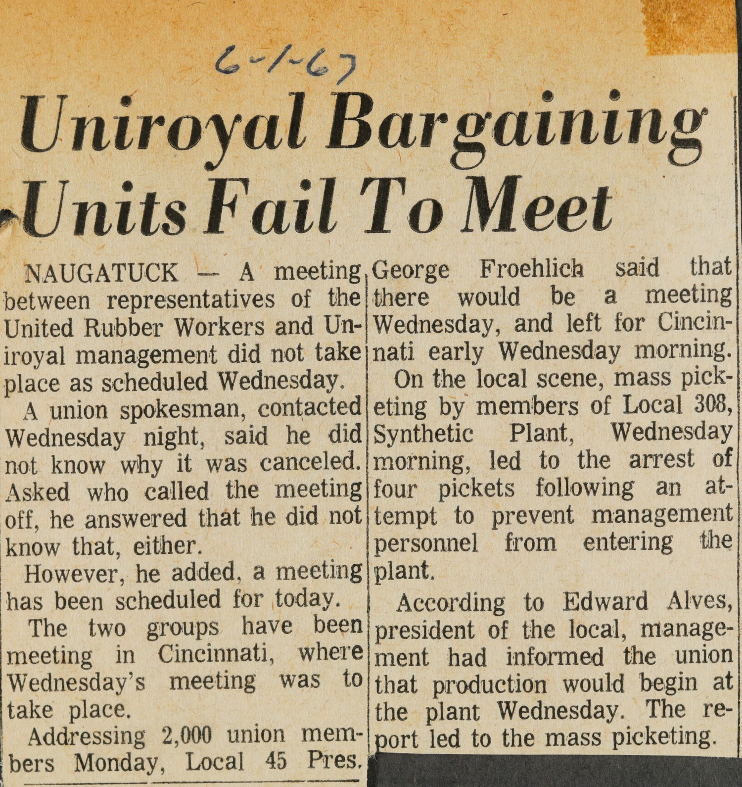 Uniroyal Bargaining Units Fail To Meet