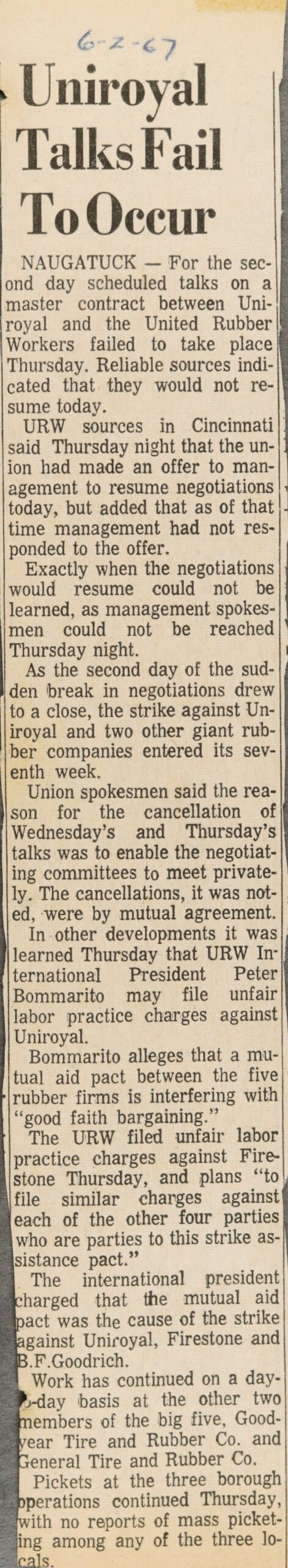 Uniroyal Talks Fail To Occur