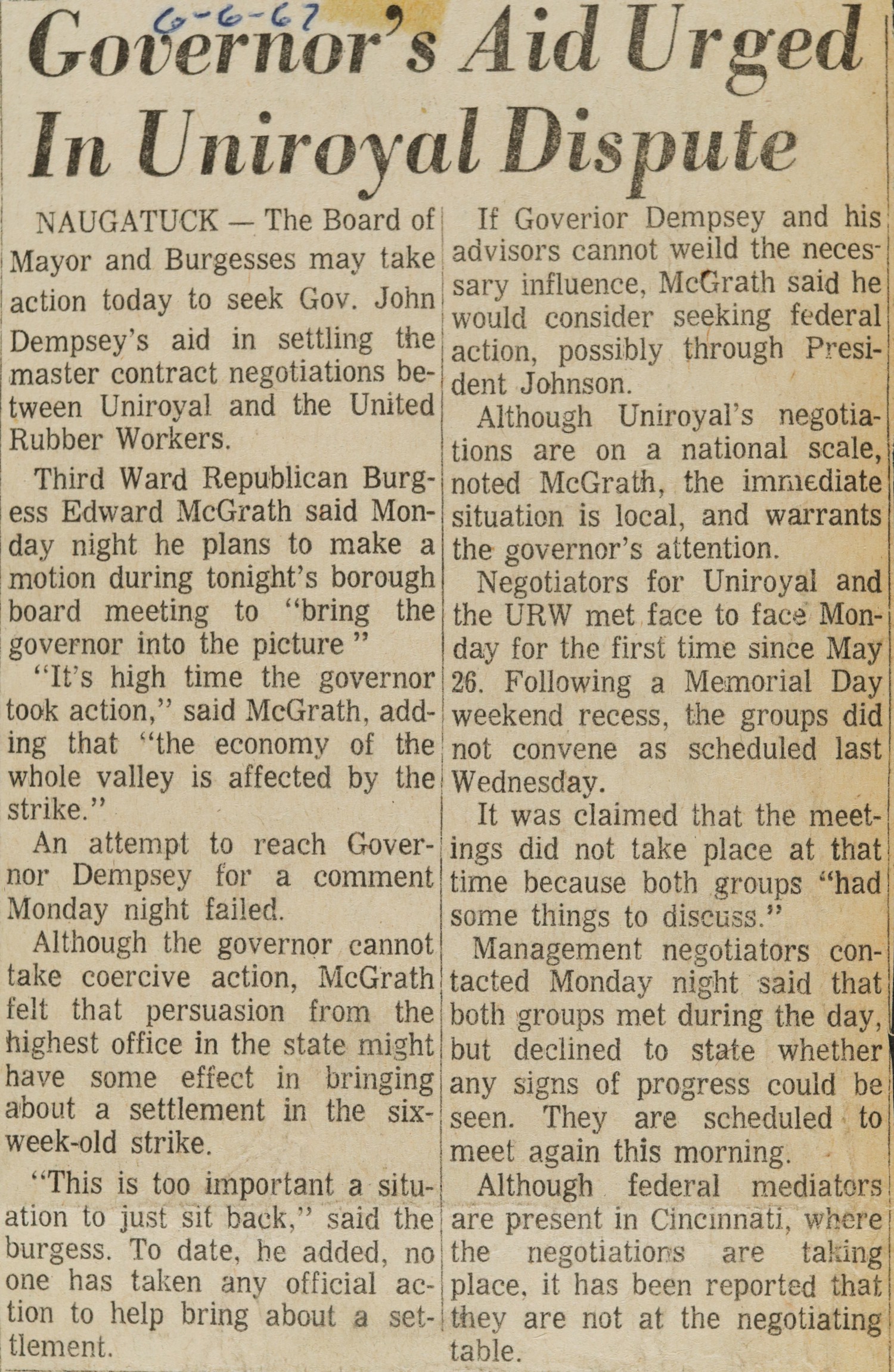 Governor's Aid Urged In Uniroyal Dispute