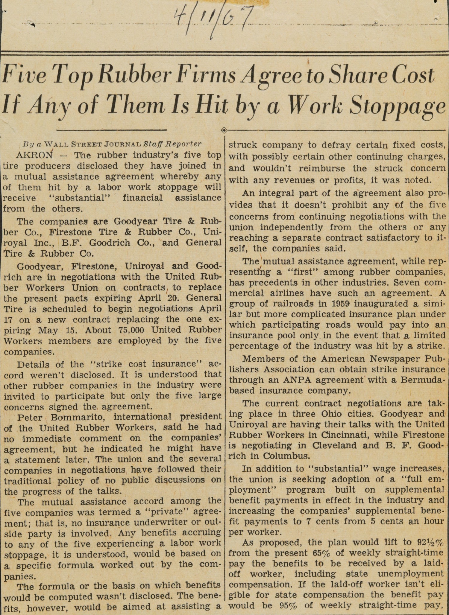 Five Top Rubber Firms Agree to Share Cost If Any of Them Is Hit by a Work Stoppage