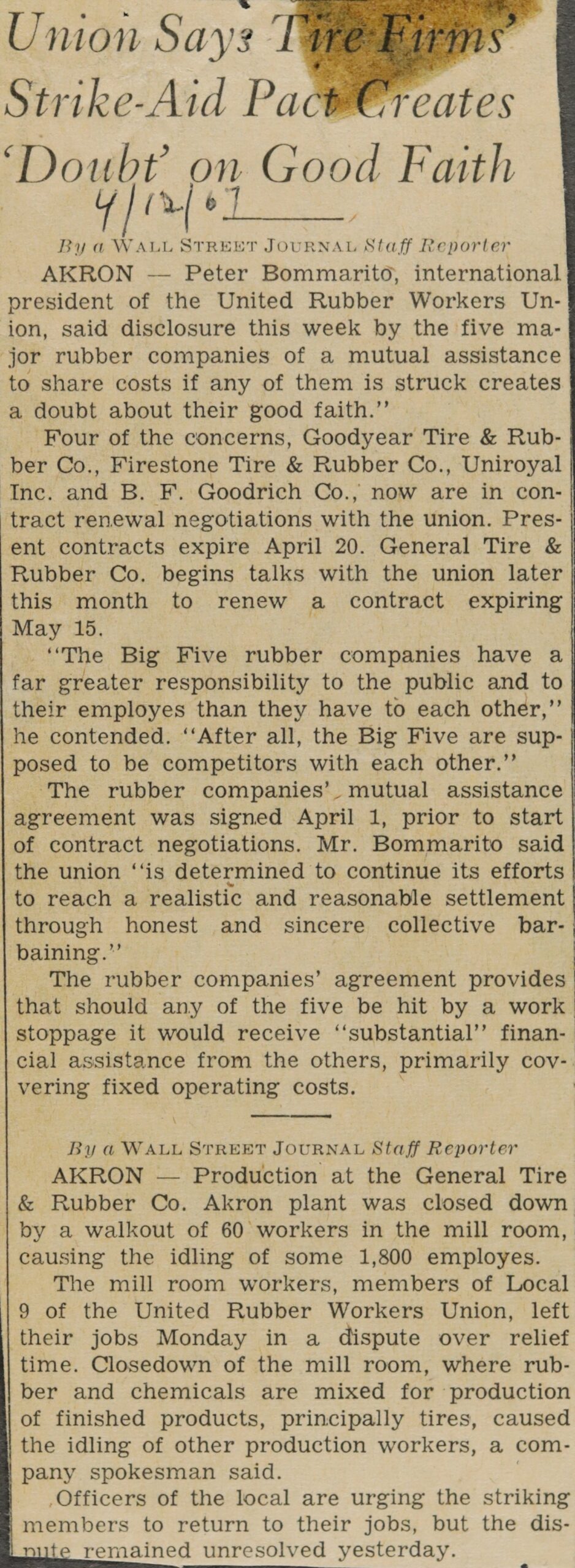 Union Says Tire Firms' Strike-Aid Pact Creates 'Doubt' on Good Faith