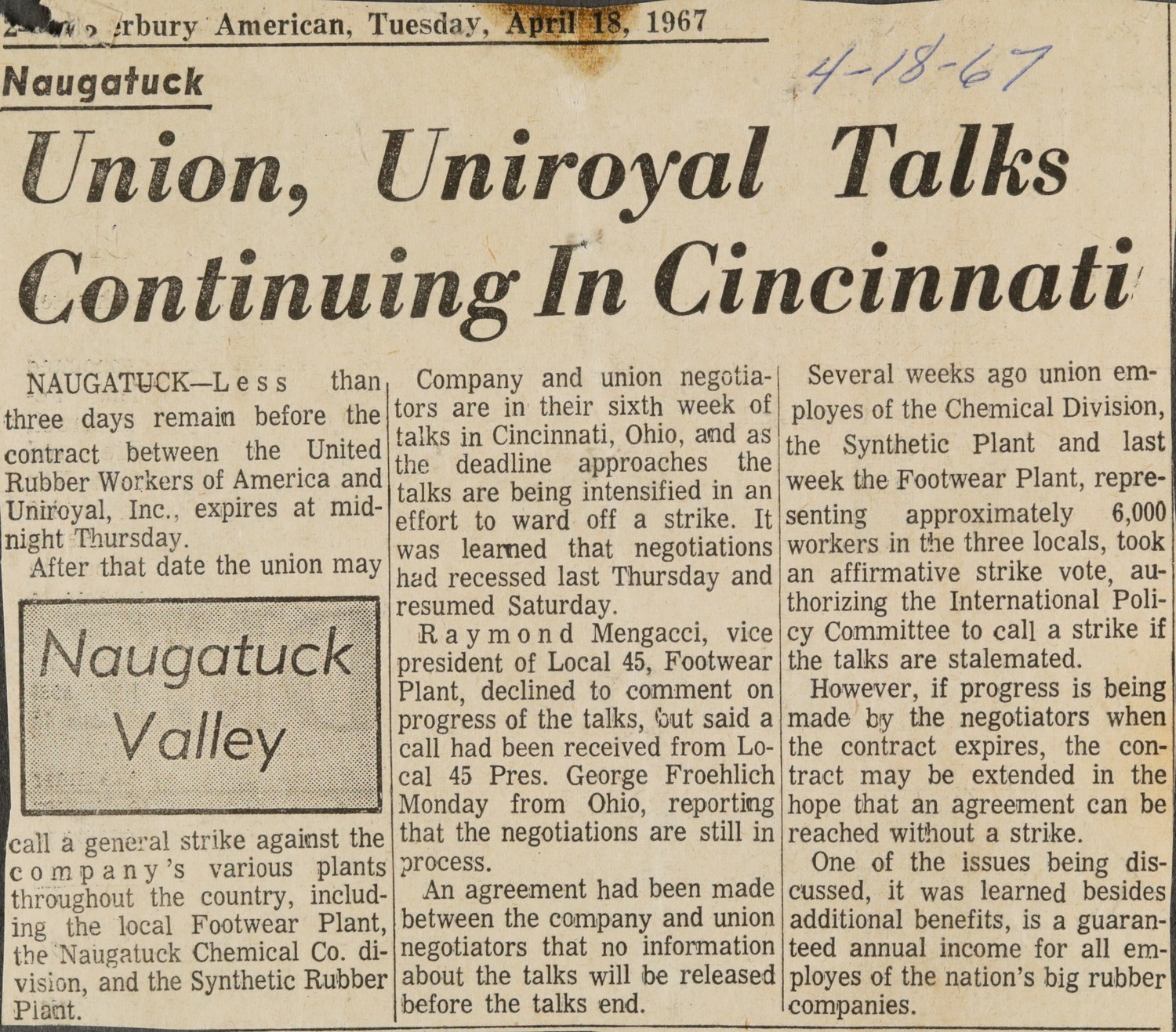 Union, Uniroyal Talks Continuing In Cincinnati