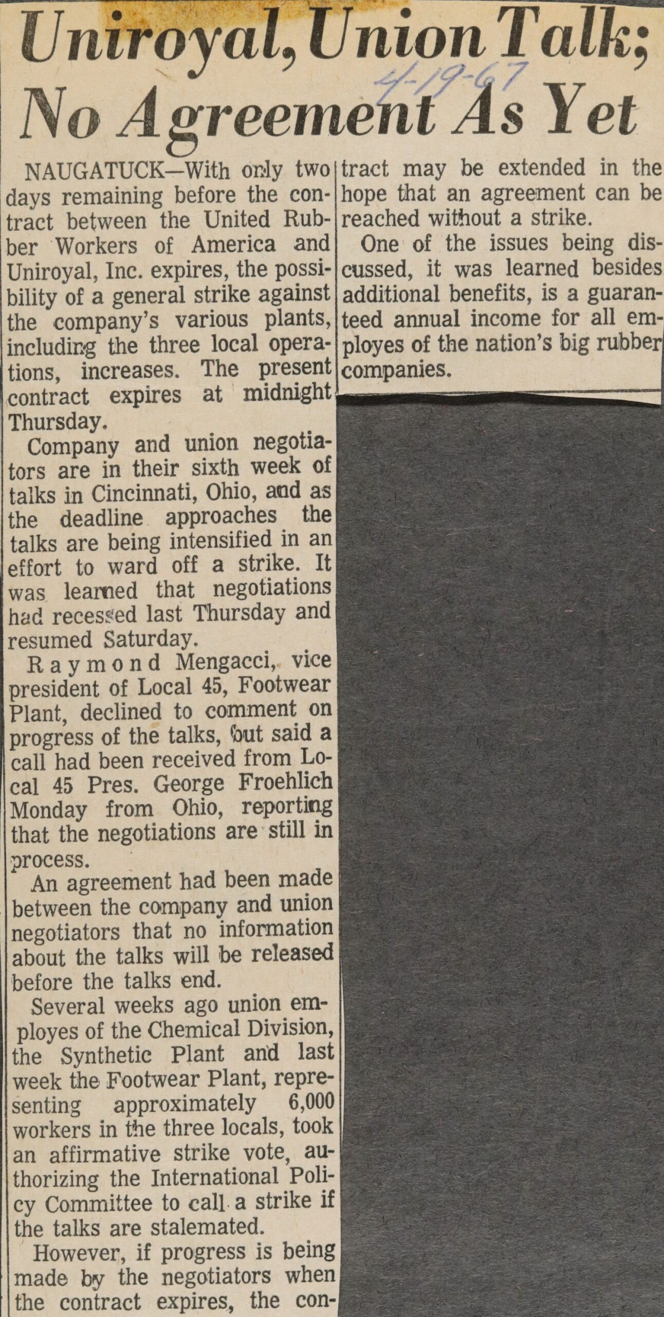 Uniroyal, Union Talks; No Agreement As Yet