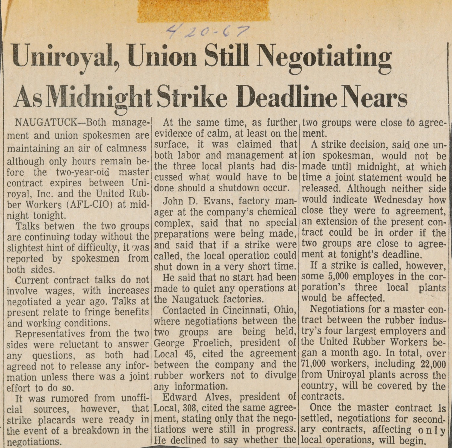 Uniroyal, Union Still Negotiating As Midnight Strike Deadline Nears