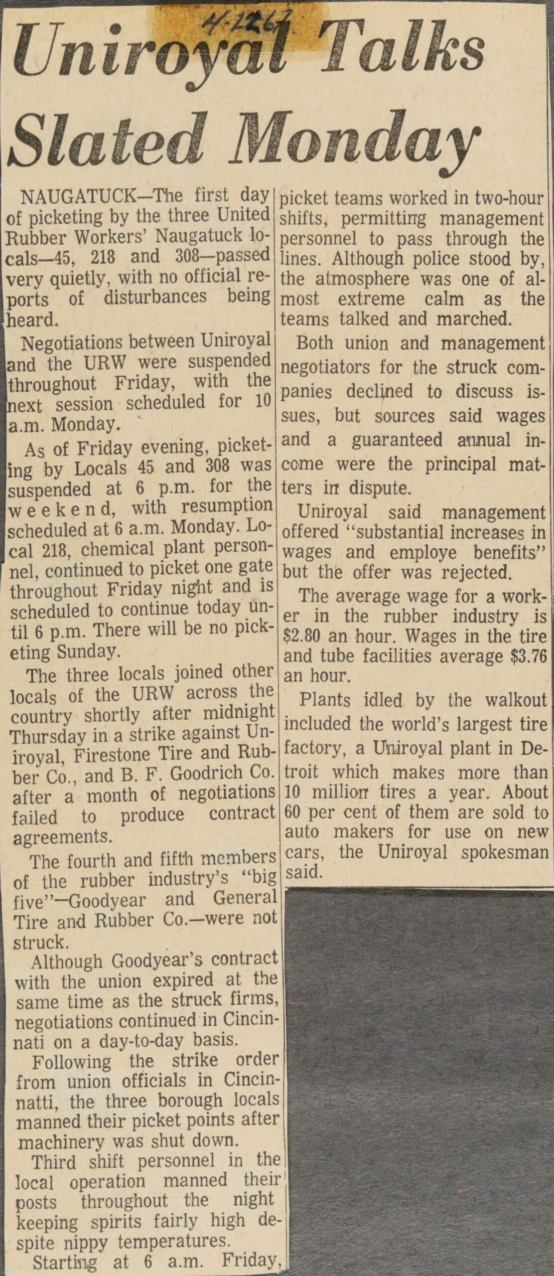 Uniroyal Talks Slated Monday