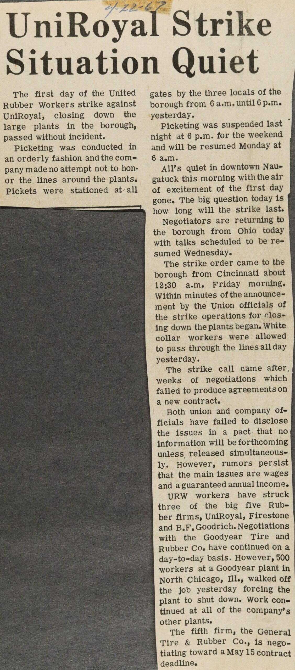 UniRoyal Strike Situation Quiet