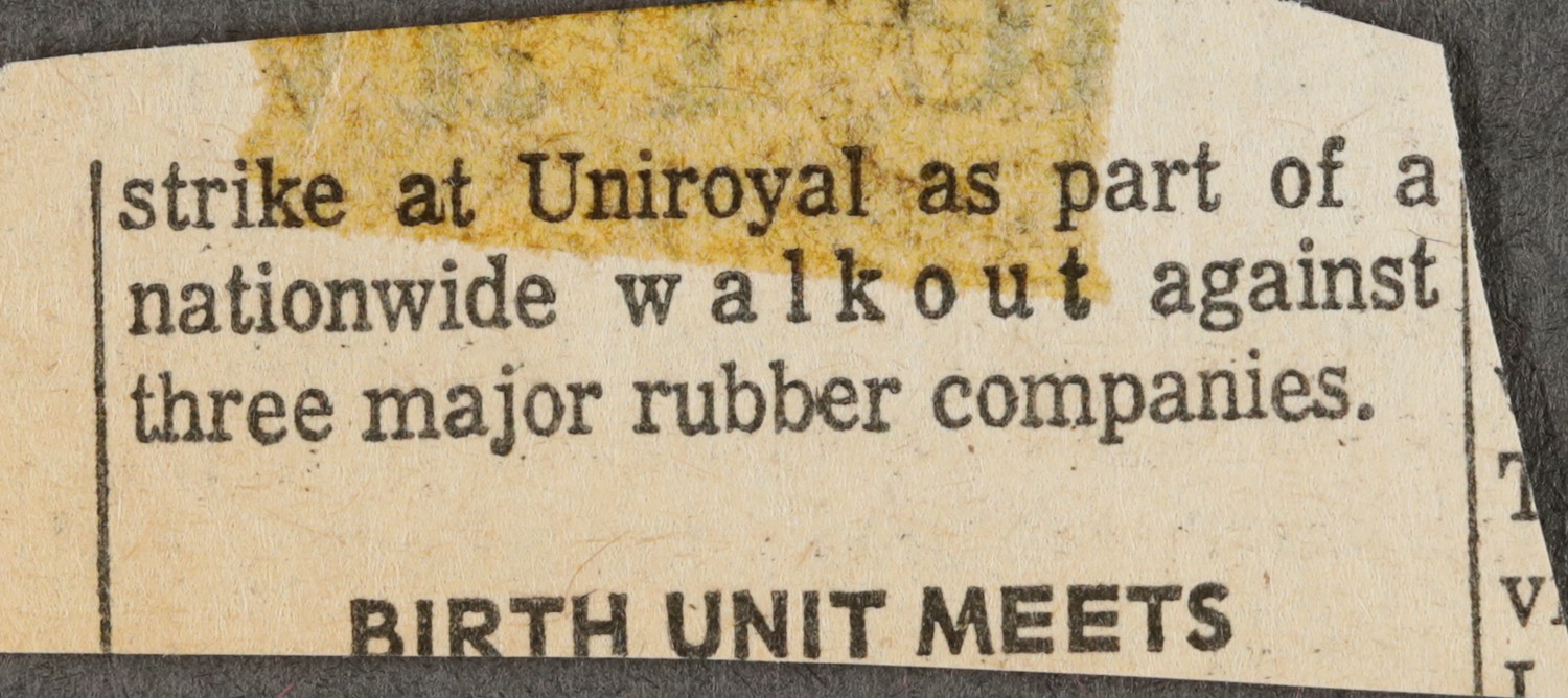 Strike at Uniroyal as part of a nationwide walkout against three major rubber companies.