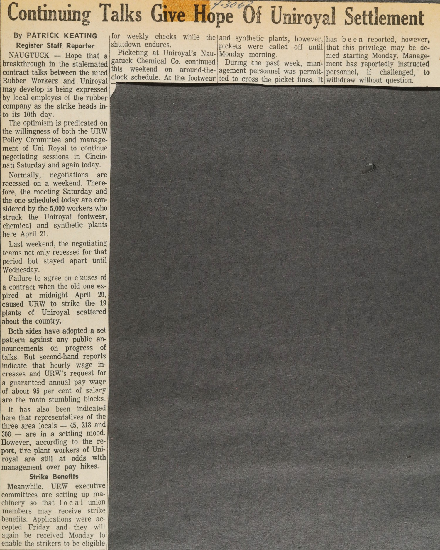 Continuing Talks Give Hope Of Uniroyal Settlement