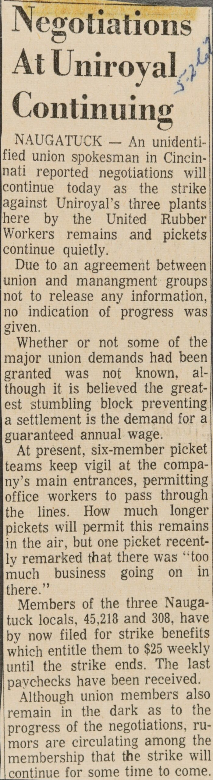 Negotiations At Uniroyal Continuing