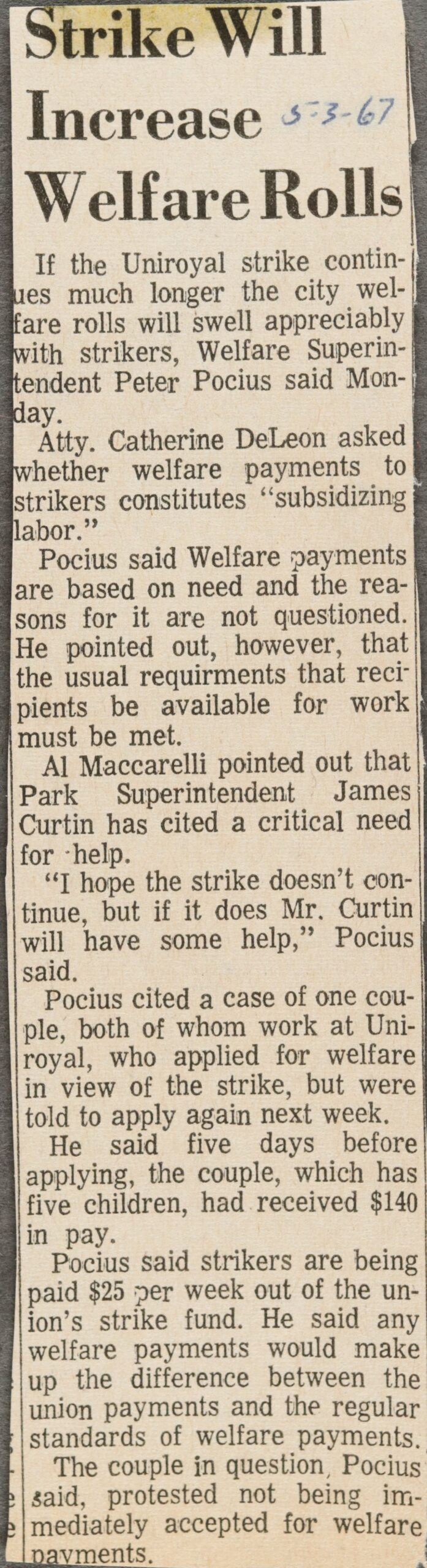 Strike Will Increase Welfare Rolls