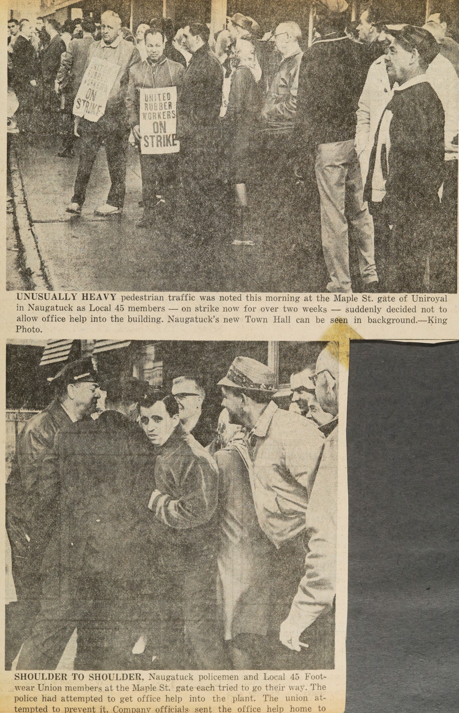 UNUSUALLY HEAVY pedestrian traffic was noted this morning at the Maple St. gate of Uniroyal in Naugatuck as Local 45 members — on strike now for over two weeks — suddenly decided not to allow office help into the building. Naugatuck's new Town Hall can be seen in background.—King Photo.