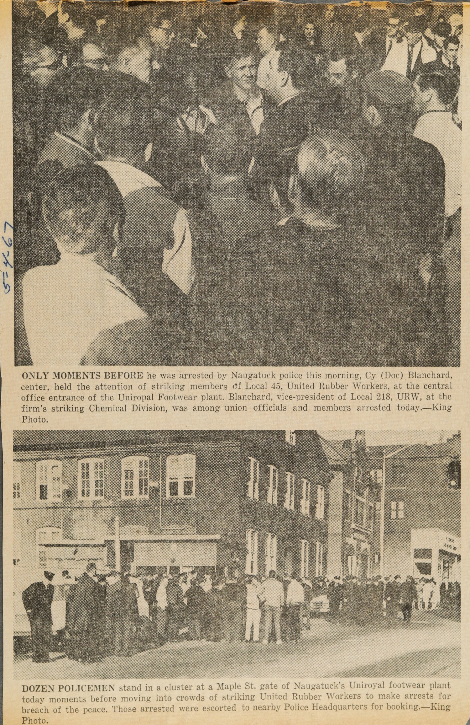 ONLY MOMENTS BEFORE he was arrested by Naugatuck police this morning, Cy (Doc) Blanchard, center, held the attention of striking members of Local 45, United Rubber Workers, at the central office entrance of the Uniroyal Footwear plant. Blanchard, vice-president of Local 218, URW, at the firm's striking Chemical Division, was among union officials and members arrested today.—King Photo.