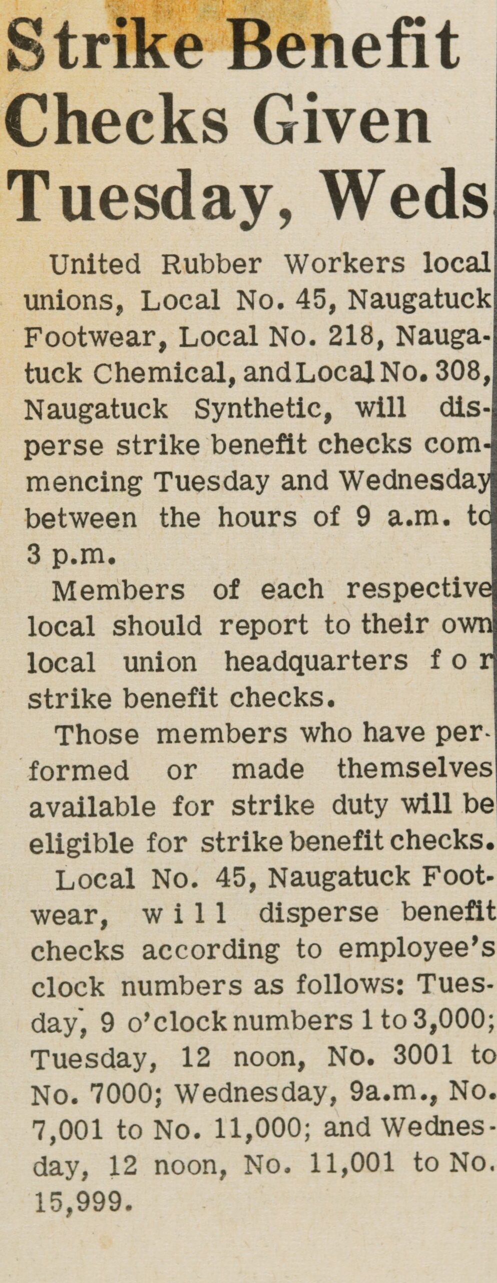 Strike Benefit Checks Given Tuesday, Weds