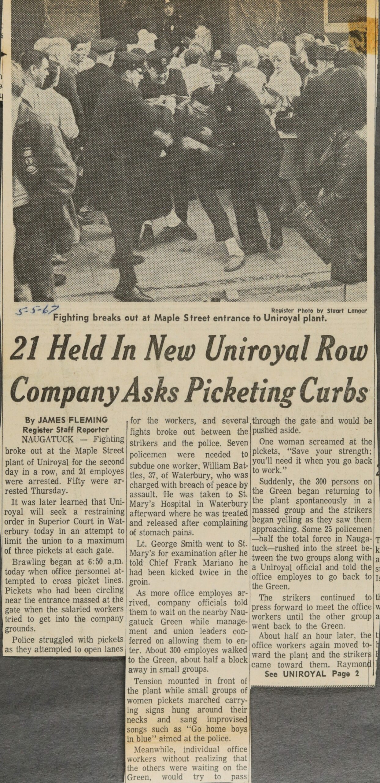 21 Held In New Uniroyal Row Company Asks Picketing Curbs