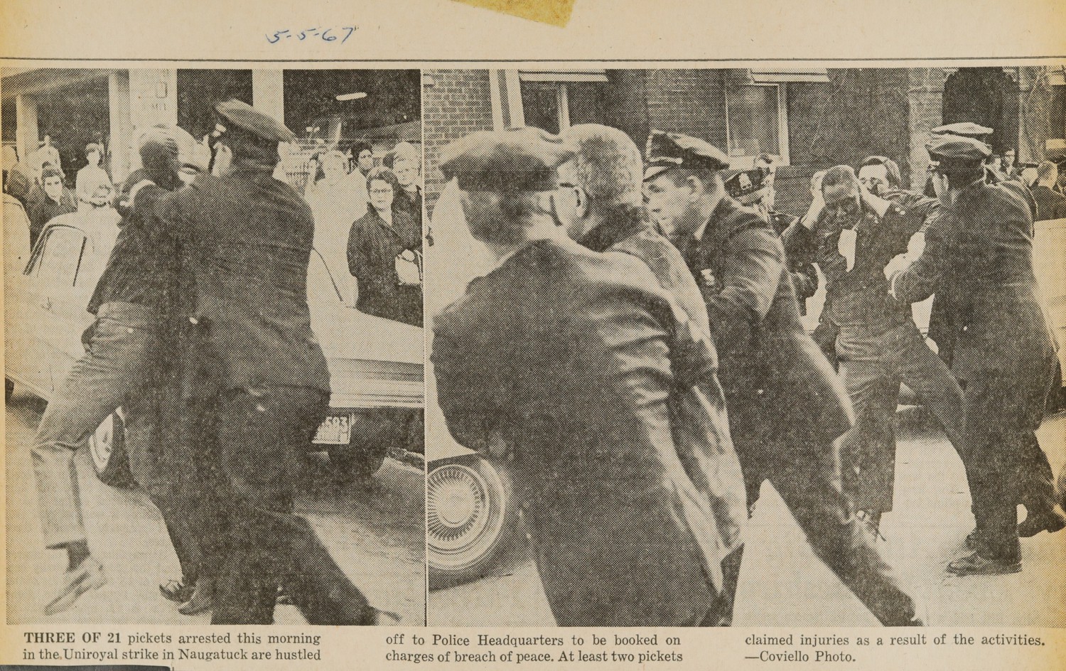 THREE OF 21 PICKETS ARRESTED THIS MORNING IN THE UNIROYAL STRIKE IN NAUGATUCK ARE HUSTLED OFF TO POLICE HEADQUARTERS TO BE BOOKED ON CHARGES OF BREACH OF PEACE. AT LEAST TWO PICKETS CLAIMED INJURIES AS A RESULT OF THE ACTIVITIES.